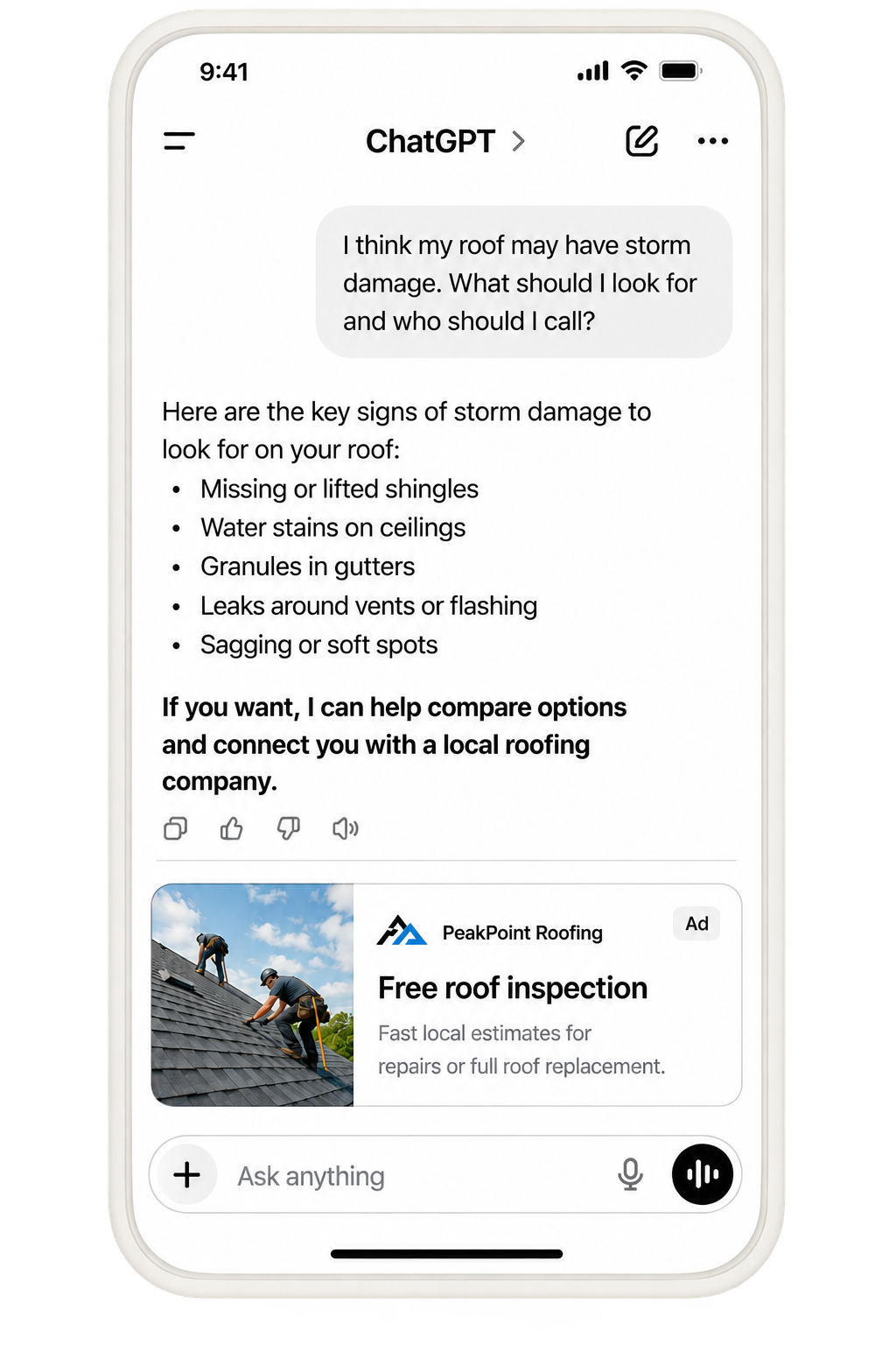 ChatGPT ad mockup showing a roofing contractor promoted inside an AI answer